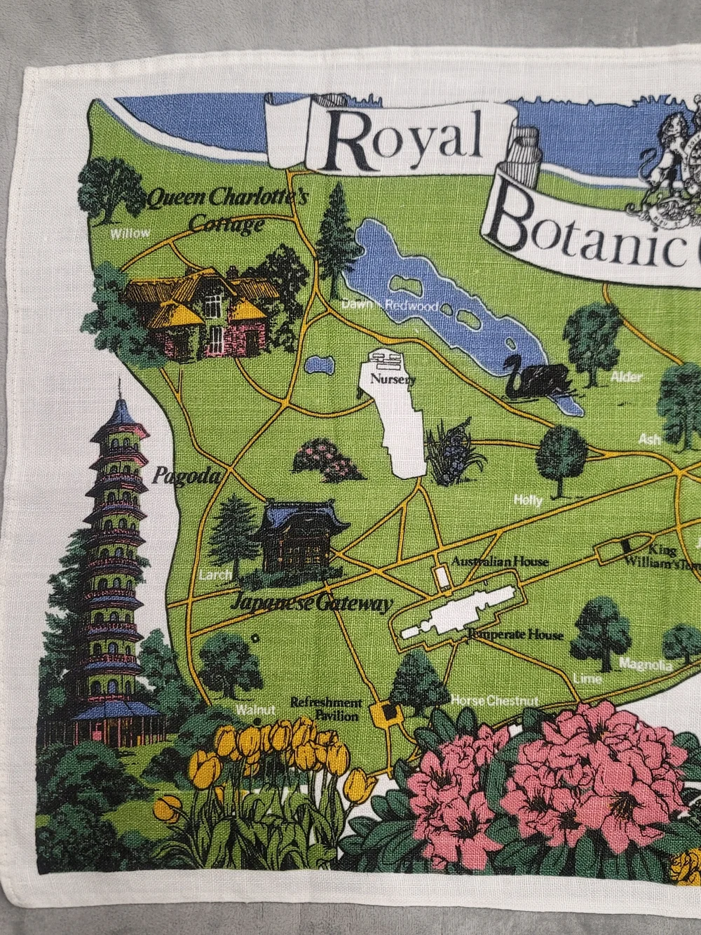 Vintage Royal Botanic Gardens Kew Map Tea Towel Irish Linen Pictorial Souvenir